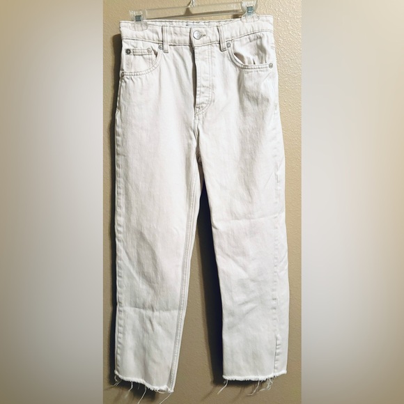 ZARA Womens Sz 4 Wide Leg‎ Jeans Cream Ivory Denim 5 Pocket, Rough Hem - Picture 1 of 9